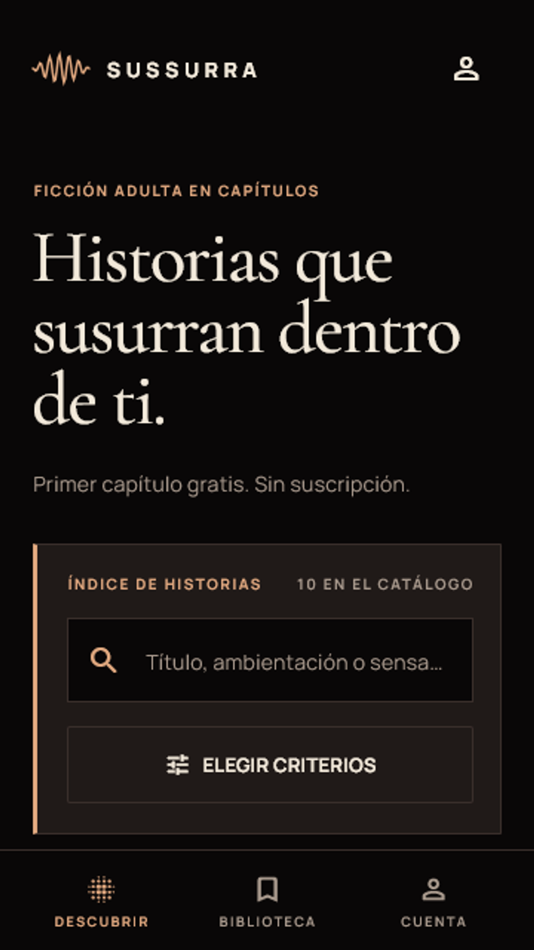 El catálogo de historias de Sussurra en un teléfono Android