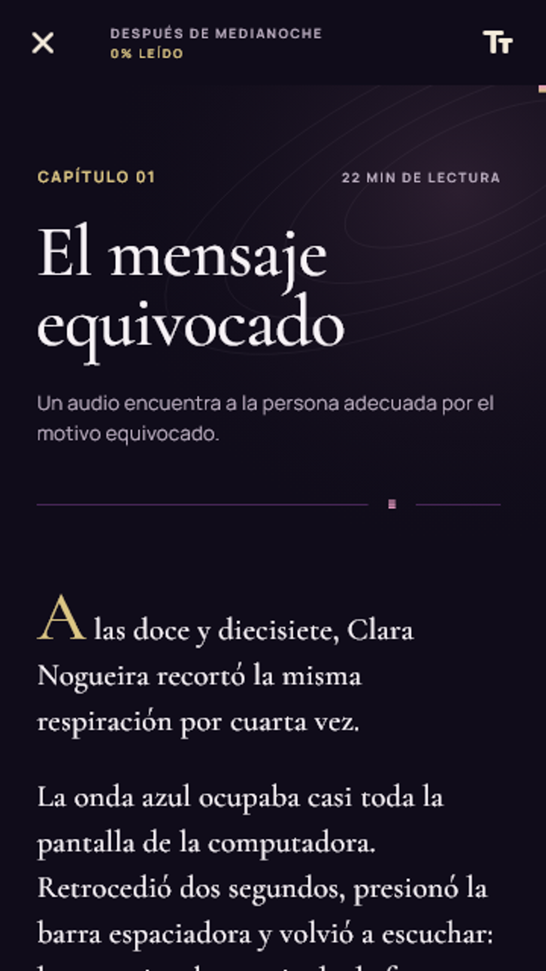Un capítulo de Después de medianoche en el lector de Sussurra